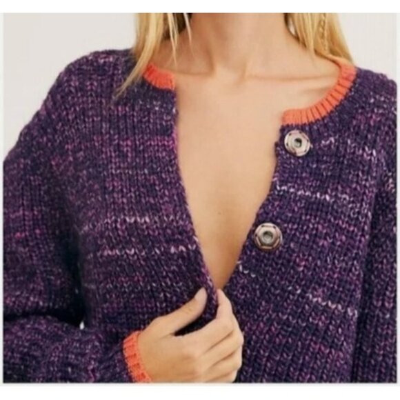 NWT FREE PEOPLE XL WALK ON BY PURPLE ORANGE SNAP YARN BOXY CARDIGAN SWEATER TOP - Picture 3 of 12